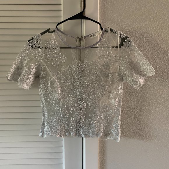 Seek The Label Tops - Seek The Label Women Sheer Lace Top, Silver, Size XS